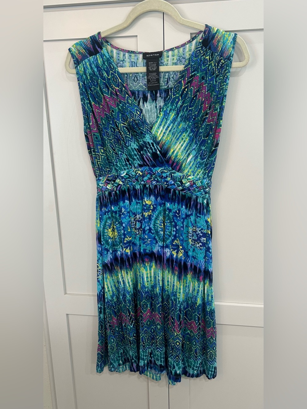 Spense Teal Blue Multi-Print Sleeveless Midi Dress Large